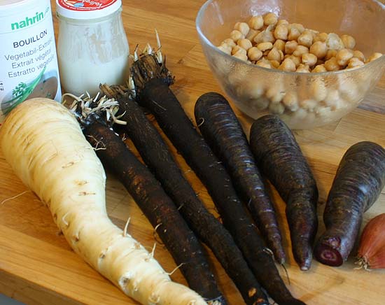 Pastinake, Schwarzwurzel, blaue Karotten, Kichererbsen