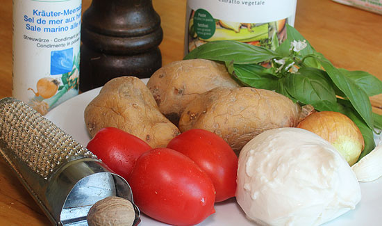 Zutaten Kartoffelsuppe mit Tomate, Basilikum und Burrata