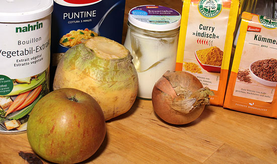 Zutaten Steckrübensuppe mit Apfel, Curry und Puntine