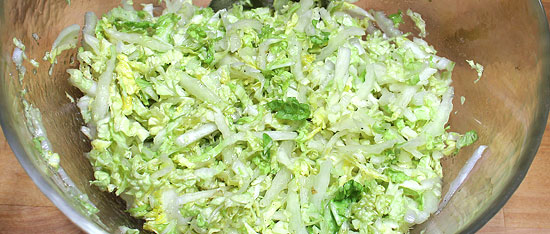 Salat mit Sauce vermischt