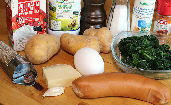 Zutaten Kartoffel-Spinatgratin mit Cervelat und Ei