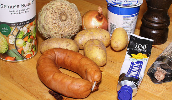 Zutaten Kartoffel-Sellerie-Suppe mit Pfefferschüblig