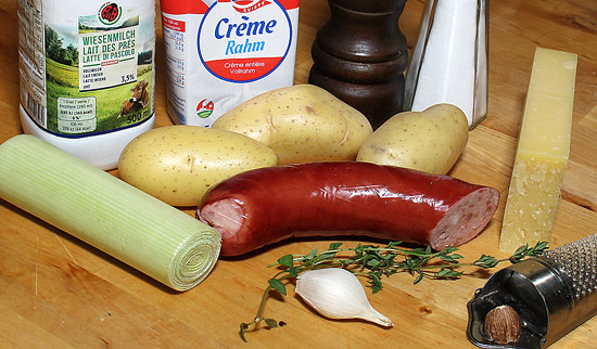 Zutaten Kartoffel-Lauch-Gratin mit Wurst
