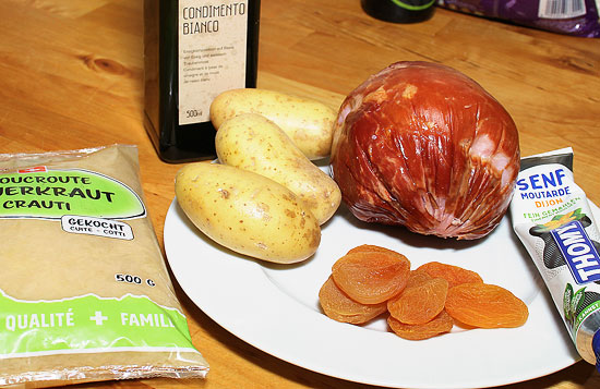 Zutaten Nussschinkli mit Aprikosensenf, Sauerkraut und Kartoffeln