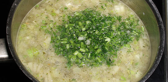 Dill-Stengel zugeben und die Suppe kochen