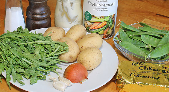 Zutaten Bratkartoffeln mit Rucolasauce und Kefen
