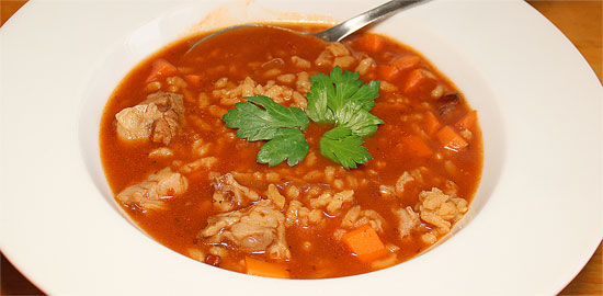 Suppe mit Rüebli, Reis und Restenfleisch