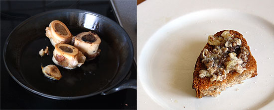 Markbein mit Knoblauch auf Toast.