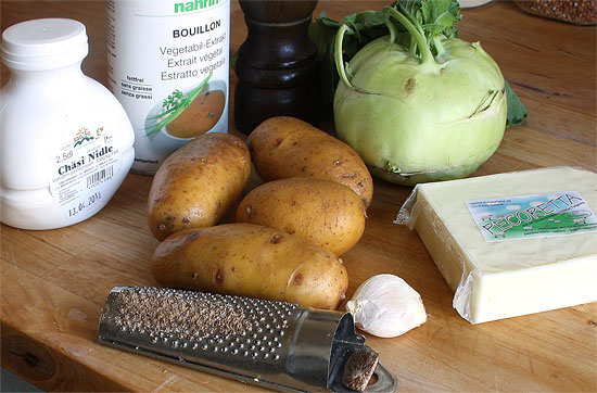 Zutaten Kohlrabi-Kartoffel-Gratin mit Pecoretta