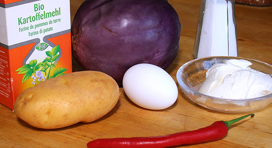 Zutaten Aubergine mit Kartoffelschuppen
